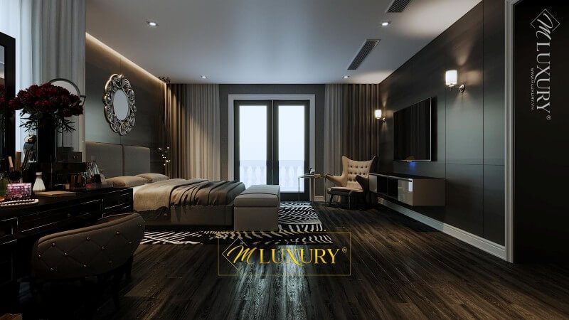 Nội thất phòng ngủ hiện đại, với tone màu trầm chủ đạo mang lại không gian đầy sang trọng cũng như là mang lại giấc ngủ thoải mái nhất cho gia chủ